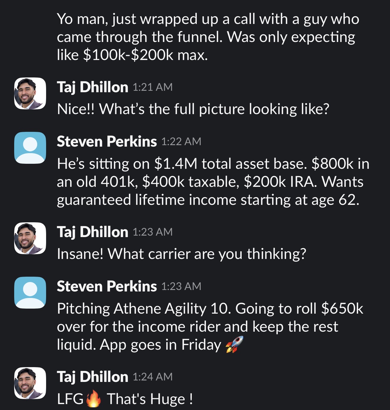 Slack message: agent closes a funnel appointment sitting on a $1.4M asset base rolling $650k into an annuity